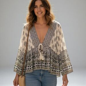 Zara Cream and Black Boho Top